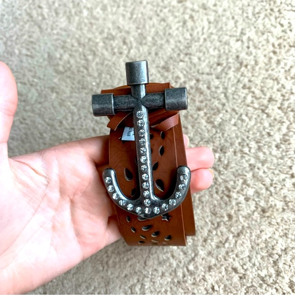 Brown Leather Belt Laser Cuts Silver Anchor Buckle
